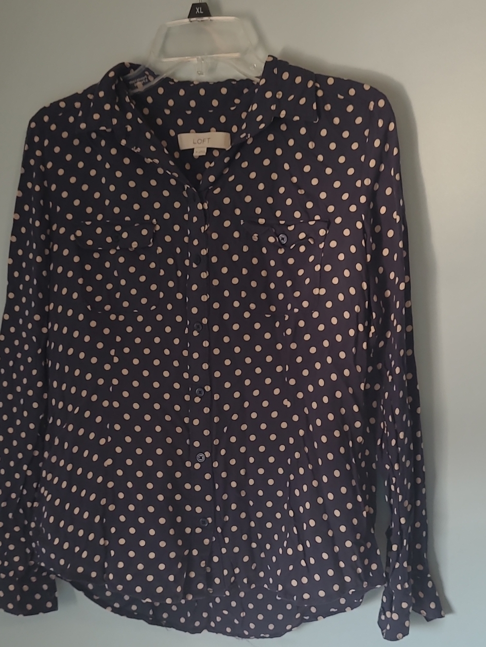 LOFT Navy Polka Dot Button-Down Shirt.  M